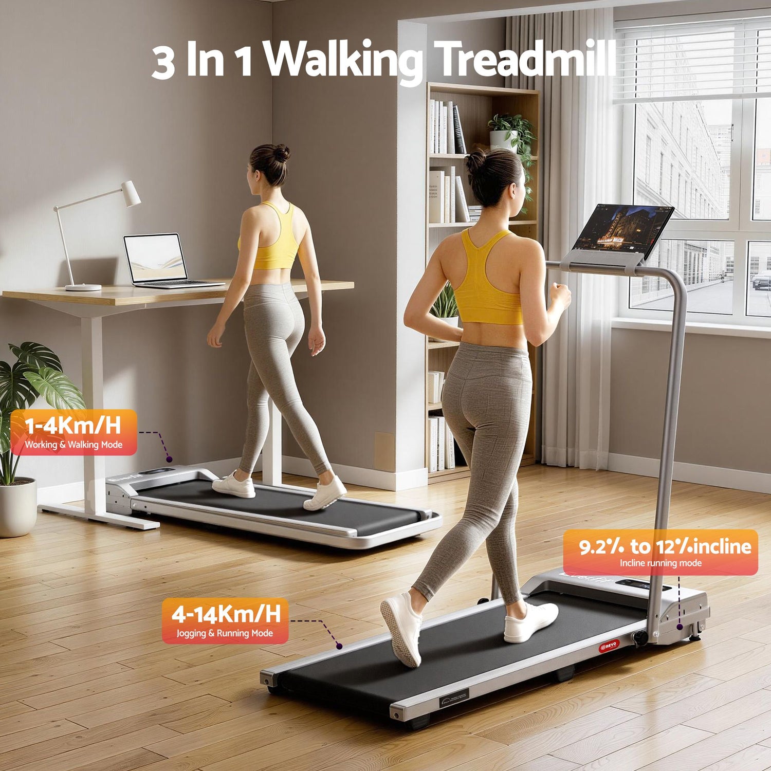 Everfit 3 in 1 Walking Pad Treadmill 12% Incline Foldable Under Desk Treadmills for Home Gym With 38cm Wide Belt Silver