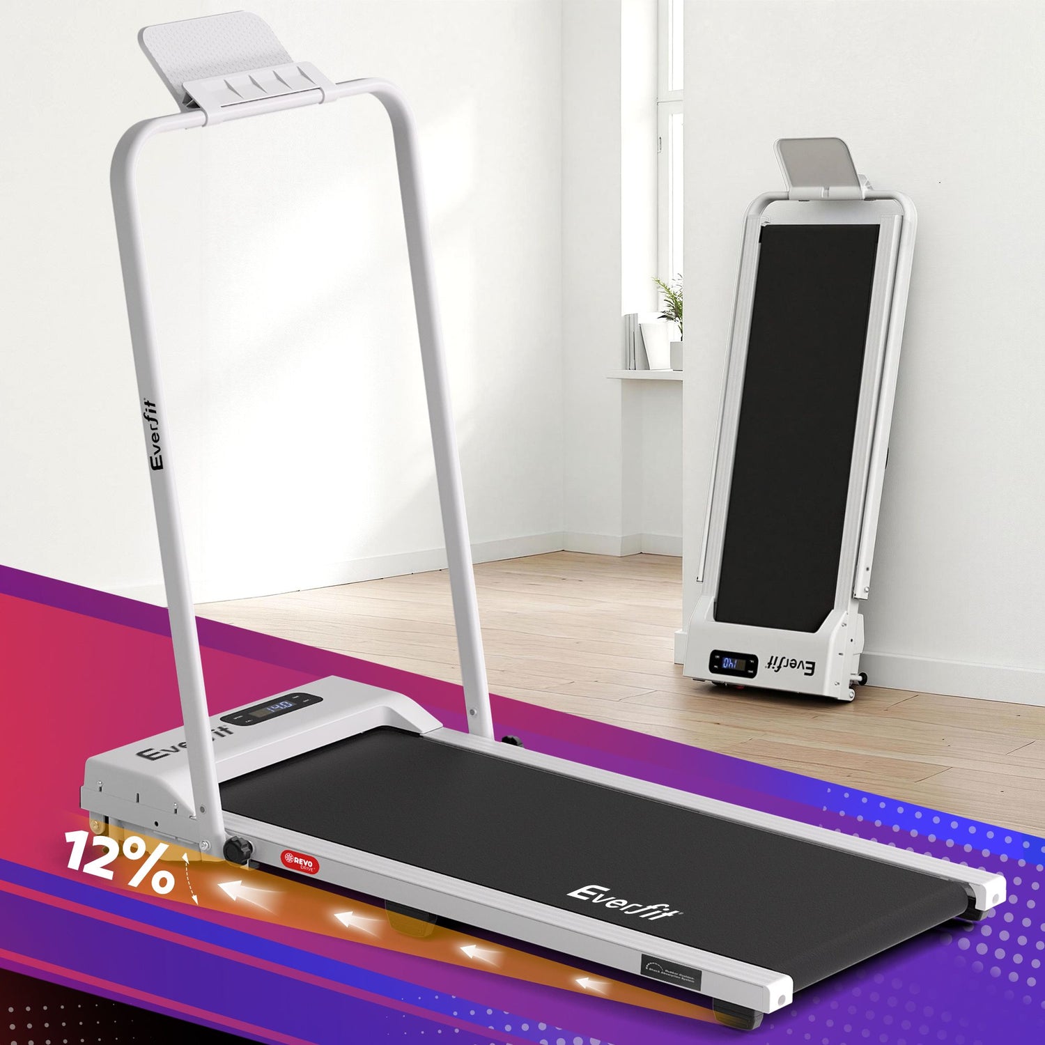 Everfit 3 in 1 Walking Pad Treadmill 12% Incline Foldable Under Desk Treadmills for Home Gym With 38cm Wide Belt White