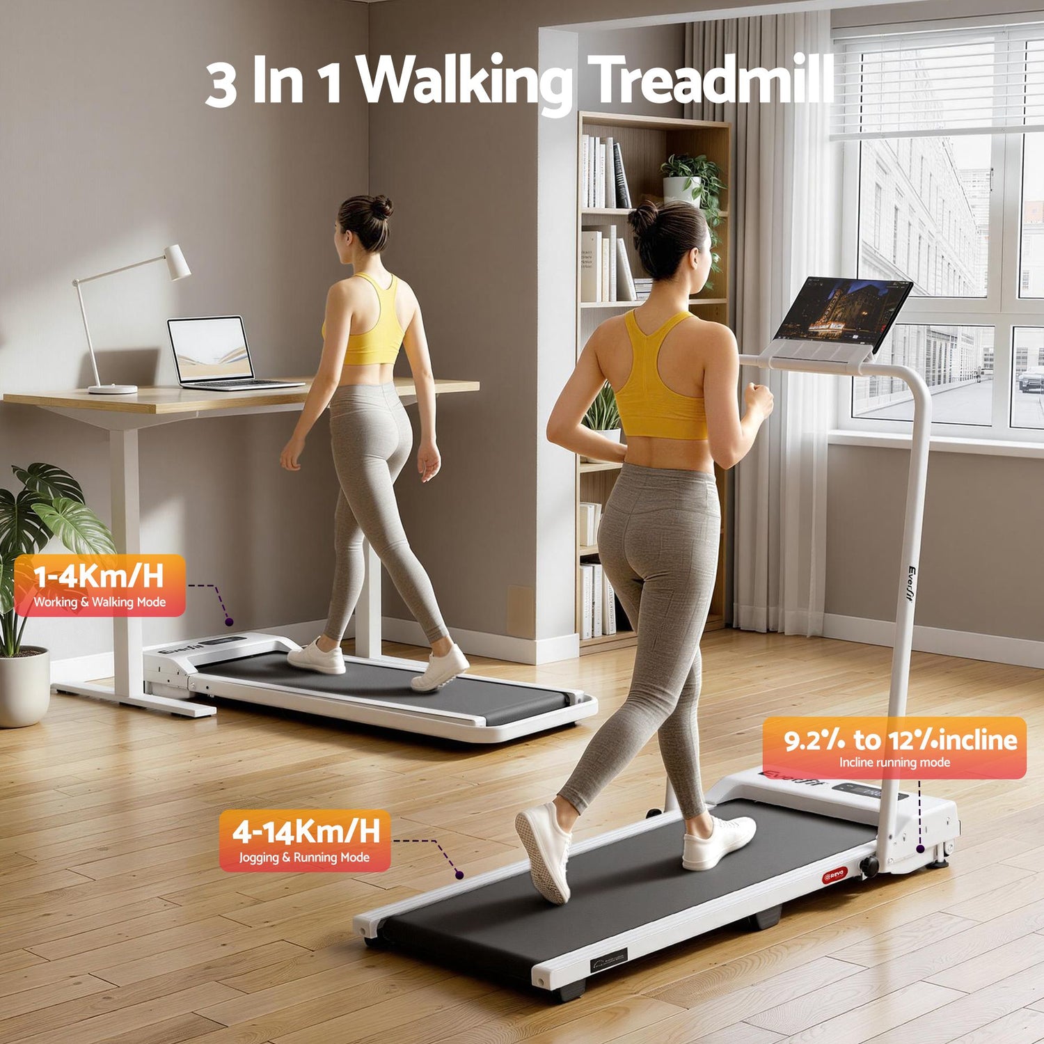 Everfit 3 in 1 Walking Pad Treadmill 12% Incline Foldable Under Desk Treadmills for Home Gym With 38cm Wide Belt White