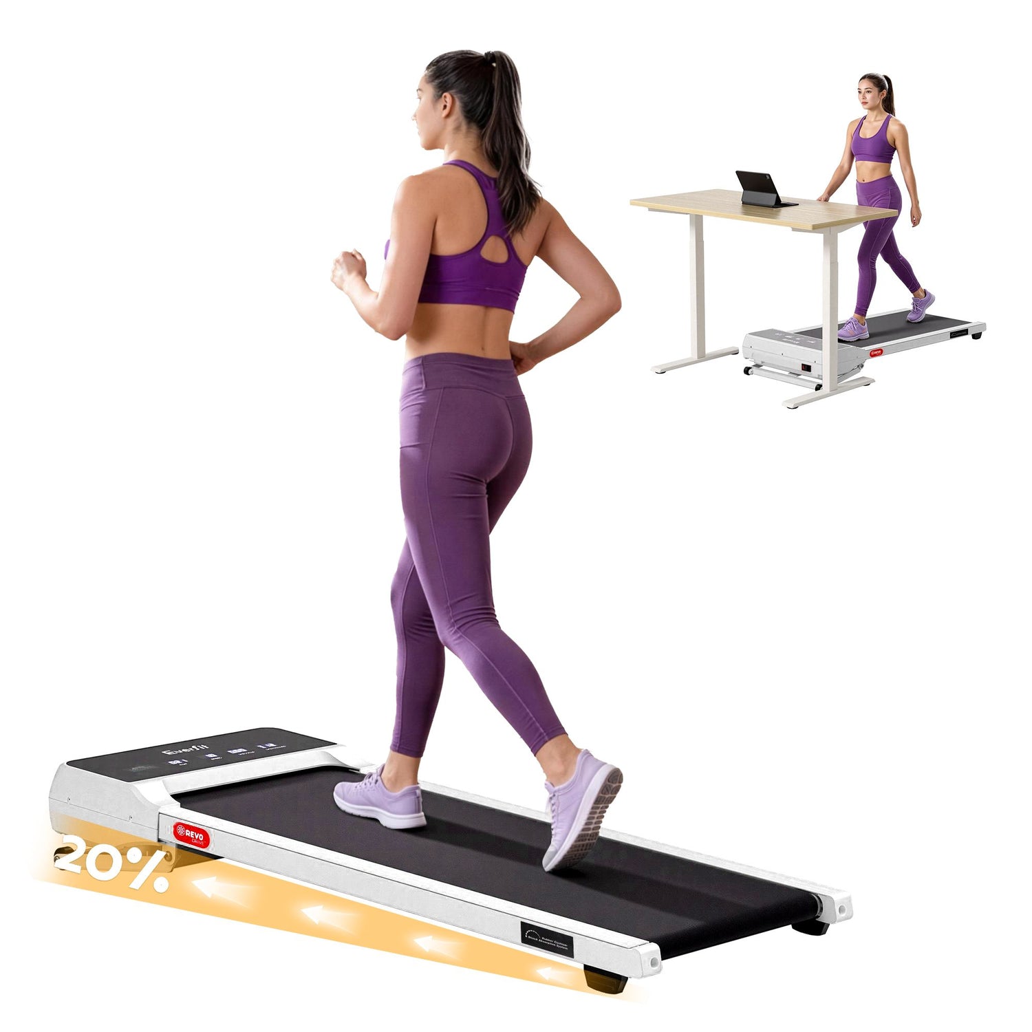 Everfit 3 in 1 Walking Pad Treadmill 20% Auto Incline Under Desk Treadmills for Home Gym With 40cm Wide Belt White