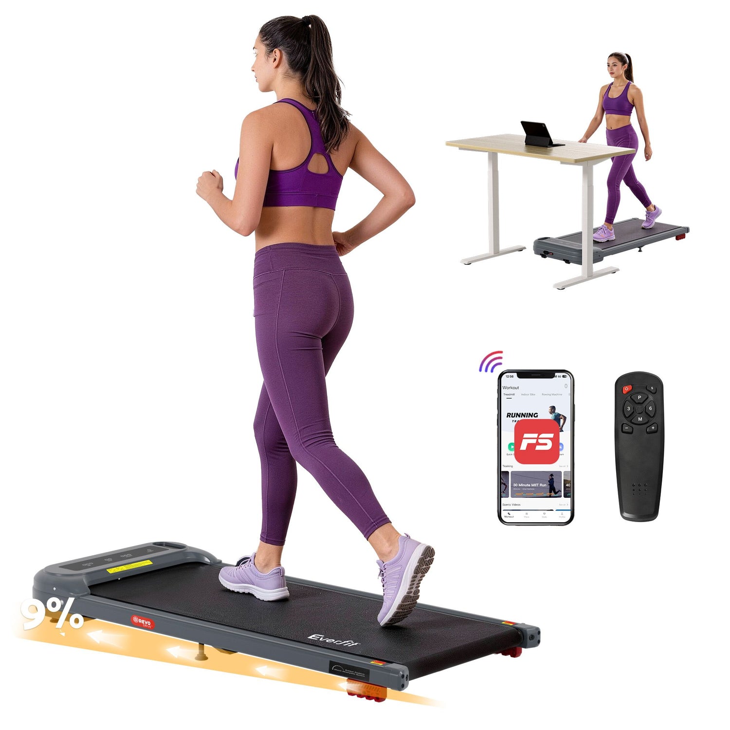 Everfit 3 in 1 Treadmill Electric Walking Pad with Incline Under Desk Home Gym Grey