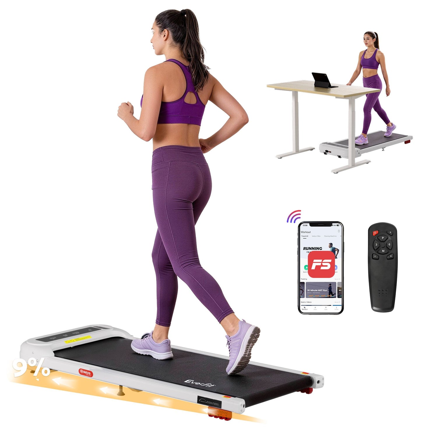 Everfit 3 in 1 Treadmill Electric Walking Pad with Incline Under Desk Home Gym White