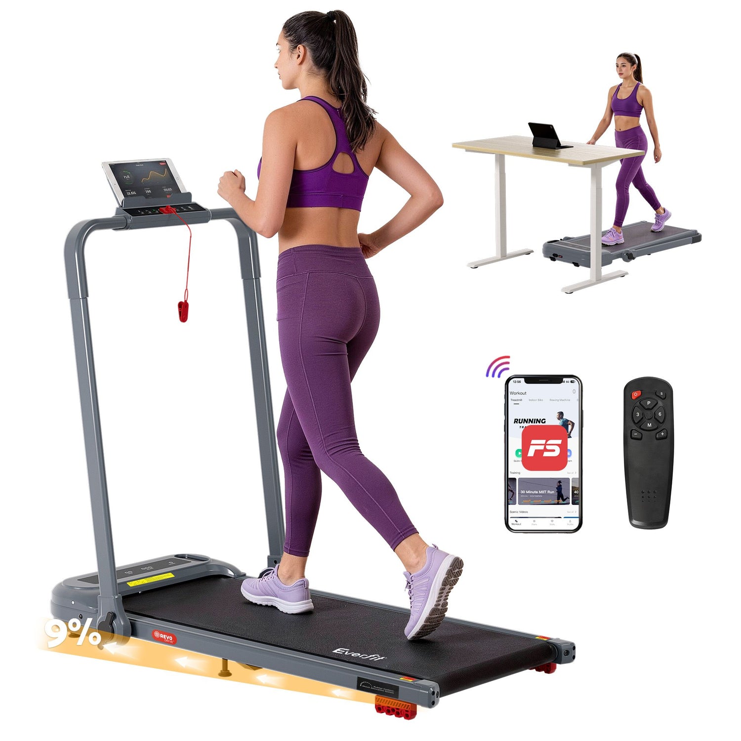 Everfit 3 in 1 Treadmill Electric Walking Pad with Incline Foldable for Home Gym Grey