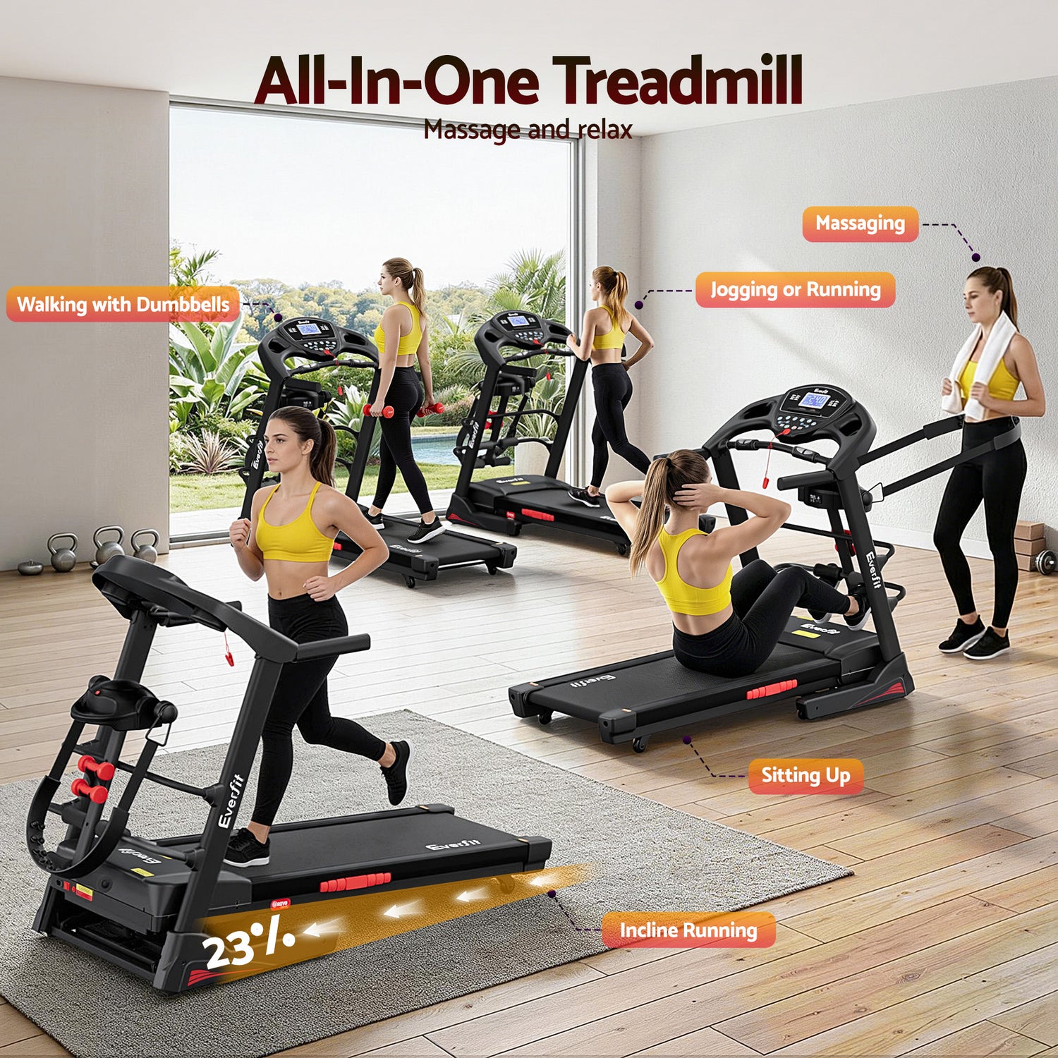 Everfit Treadmill Electric Home Gym Fitness Exercise Machine w/ Massager 480mm