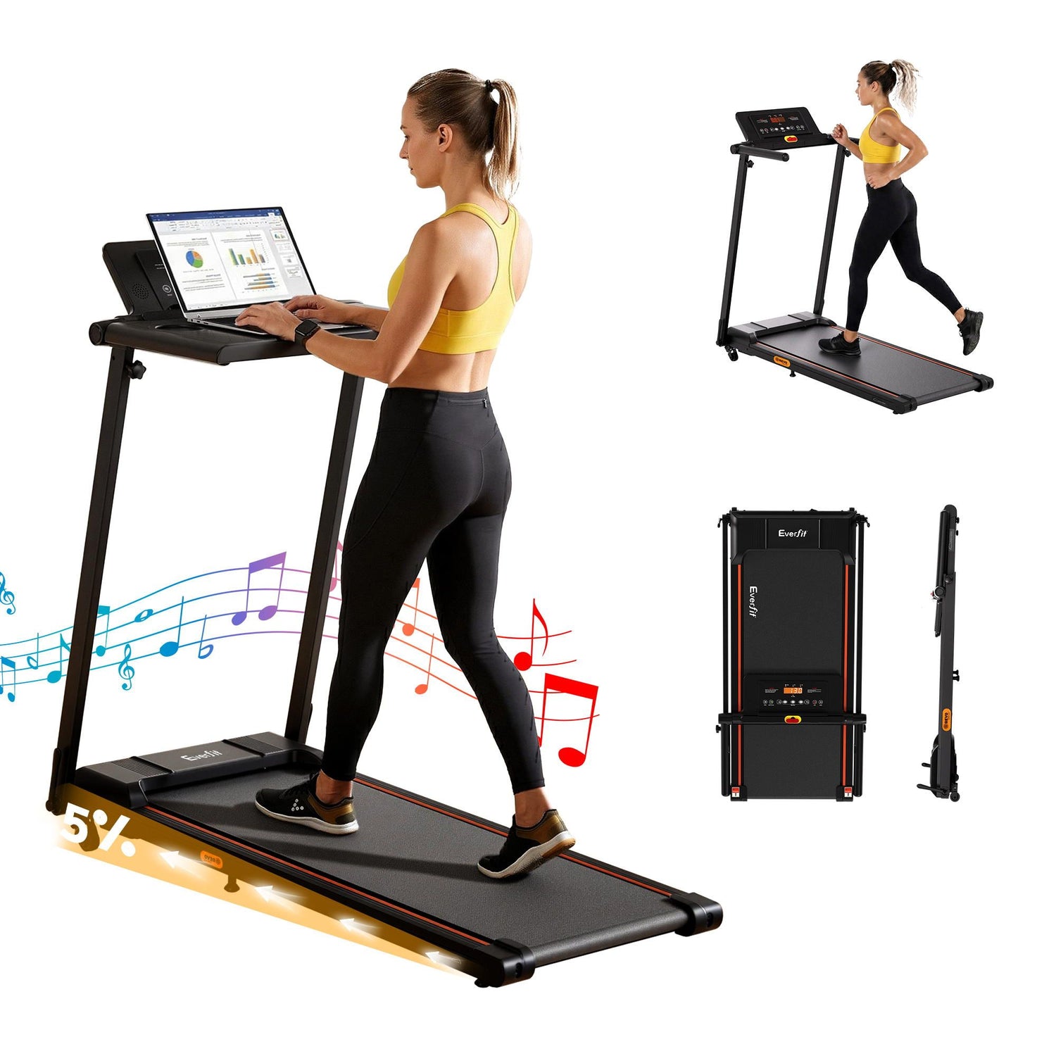 Everfit Treadmill Electric Walking Pad Foldable Incline for Home Office Gym Black