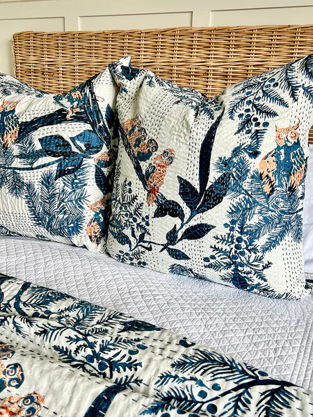 Teal & Off-White Owl Floral European Cushion Cover – Handmade 100% Cotton Kantha Stitch 66x66cm