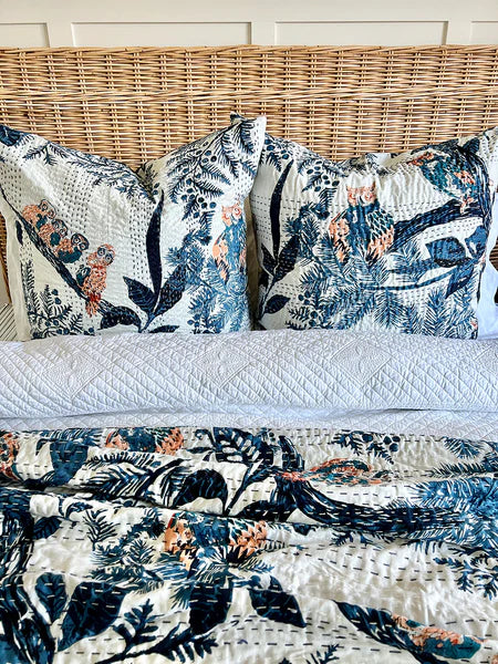 Teal & Off-White Owl Floral European Cushion Cover – Handmade 100% Cotton Kantha Stitch 66x66cm