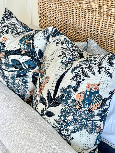 Teal & Off-White Owl Floral European Cushion Cover – Handmade 100% Cotton Kantha Stitch 66x66cm
