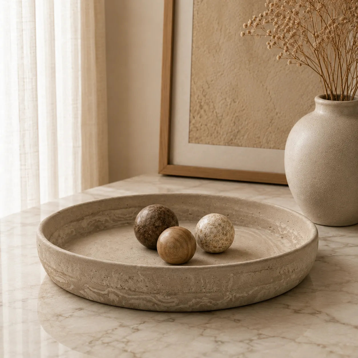 A round, shallow textured stone tray in a warm beige tone sits on a light marble surface, holding three decorative stone balls. In the softly lit background, a cream ceramic vase with dried stems and a framed artwork are visible.