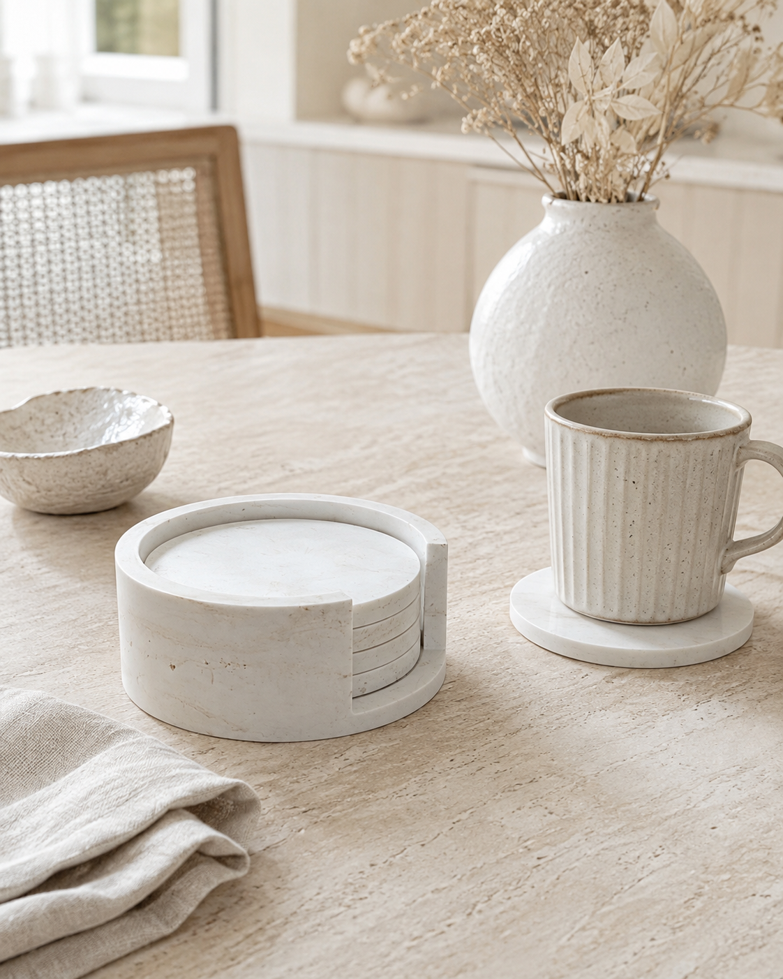 A set of round ceramic coasters in a warm off-white, textured stoneware finish, shown on a light wood dining table alongside a matching ribbed ceramic mug, a small bowl, and a vase of dried flowers.