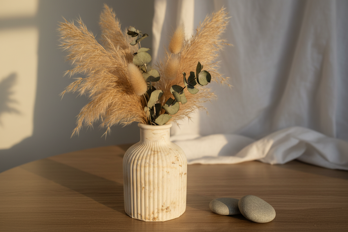 A ribbed off-white ceramic vase filled with dried pampas grass and eucalyptus stems, set on a wooden table with two smooth stones and draped white fabric in the background.