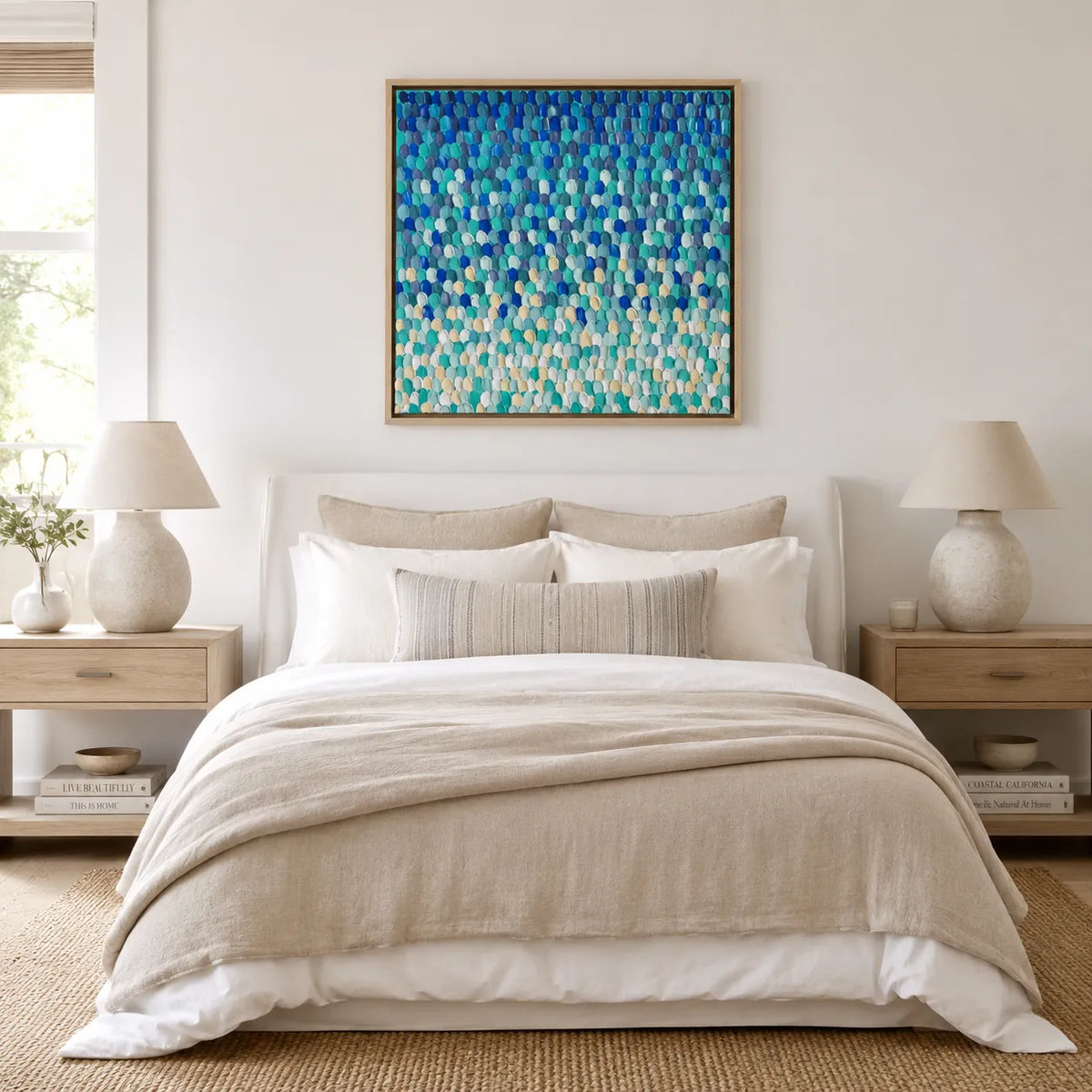 A framed abstract canvas print with textured blue, teal, and white brushstrokes hangs above a neatly made bed in a bright, modern bedroom with beige linens, matching nightstands, and lamps.
