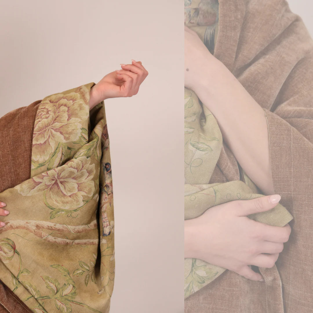 Two images of a person wearing a floral-patterned kimono against a plain background.