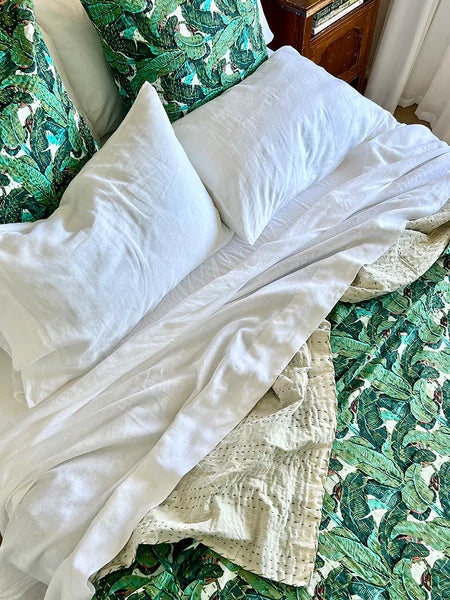 Tropical Banana Leaves European Cushion Cover – Handmade 100% Cotton Kantha Stitch 66x66cm