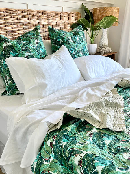 Tropical Banana Leaves European Cushion Cover – Handmade 100% Cotton Kantha Stitch 66x66cm