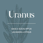 Product label with 'Uranus' and botanical illustrations on a blue background