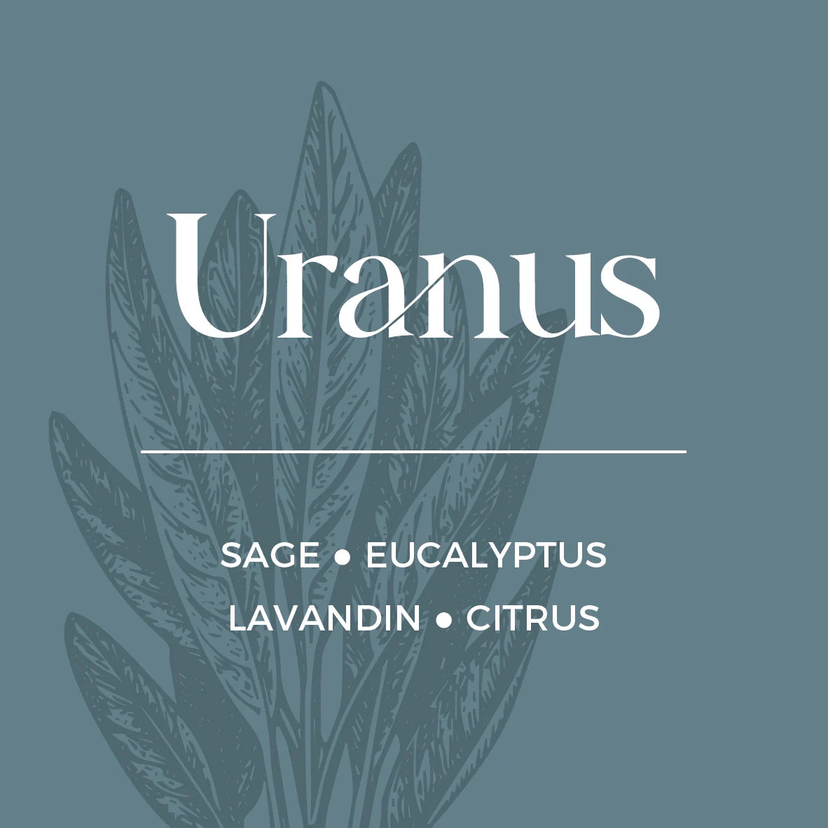 Product label with 'Uranus' and botanical illustrations on a blue background