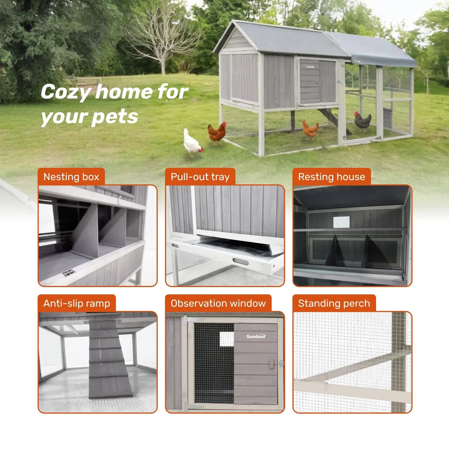 Samland Large Wooden Backyard Chicken Coop with Big Run and Nesting Boxes