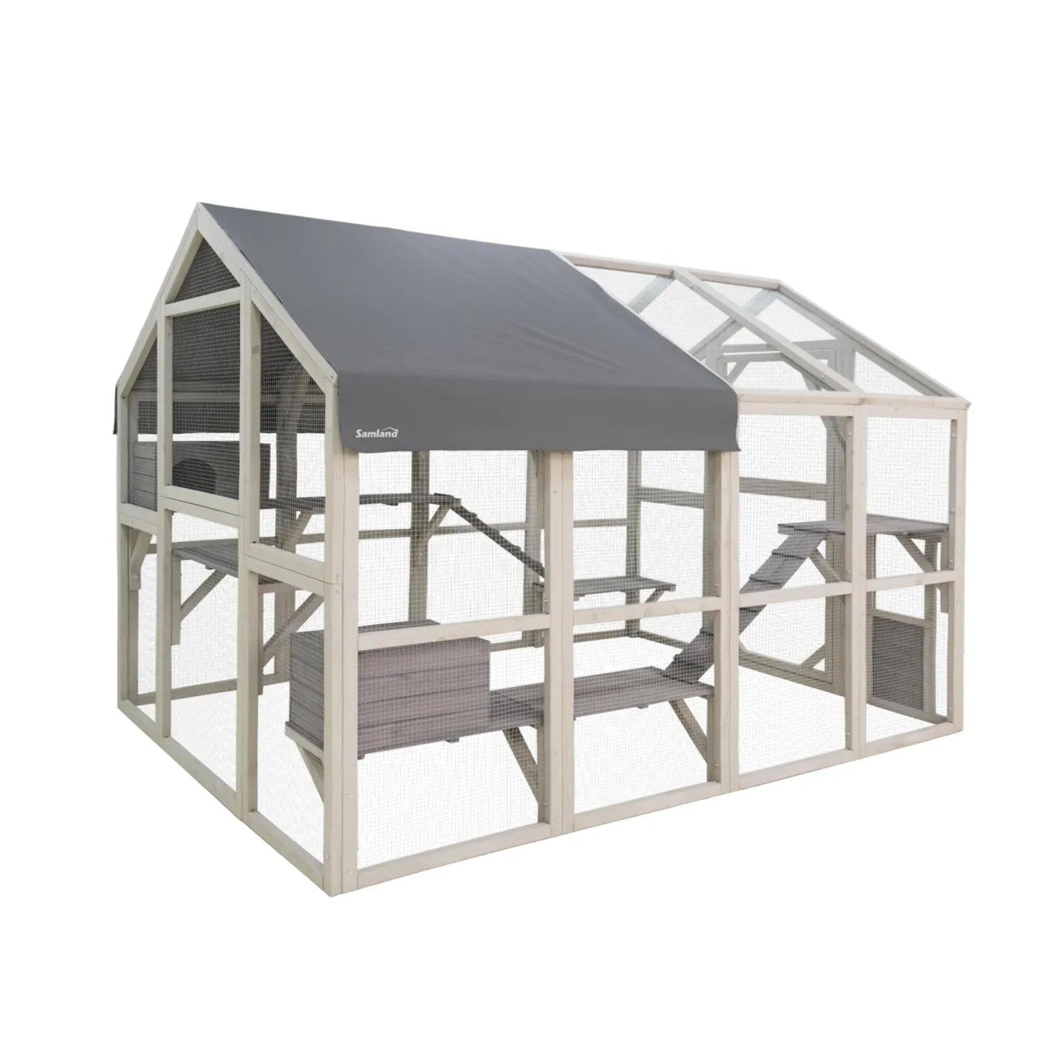 Samland Large Wooden Outdoor Cat House Catio with Platforms, Ramps, Cozy Houses and Weatherproof Roof