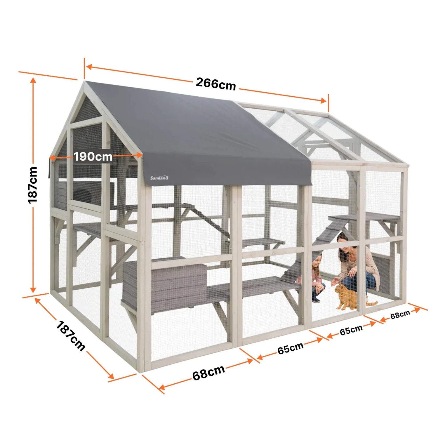 Samland Large Wooden Outdoor Cat House Catio with Platforms, Ramps, Cozy Houses and Weatherproof Roof