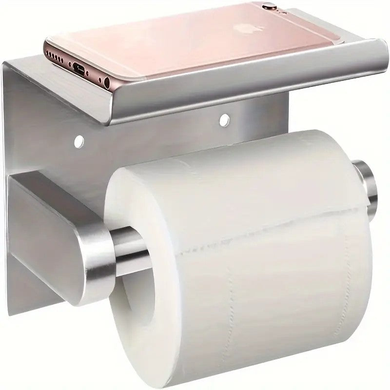 (True color)  1pc Toilet Paper Holder with Shelf, Bathroom Tissue Storage Rack, Wall-Mounted Paper Towel Dispenser, Stainless Steel Bathroom Paper Holder, Bathroom Accessory