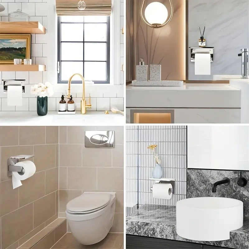 (True color)  1pc Toilet Paper Holder with Shelf, Bathroom Tissue Storage Rack, Wall-Mounted Paper Towel Dispenser, Stainless Steel Bathroom Paper Holder, Bathroom Accessory