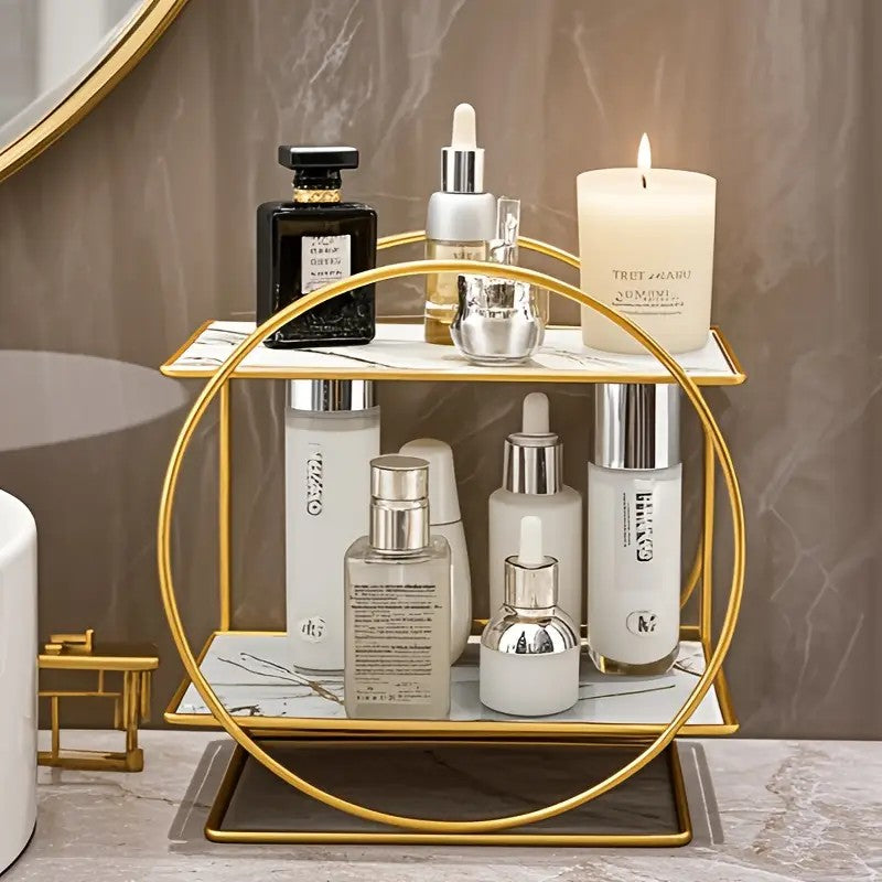 （White second floor）Elegant Golden Two-Tier Metal Cosmetic Organizer Stand - Luxury Countertop Makeup and Skincare Storage Shelf, Ideal for Bathroom Vanity, Home Decor, Dressing Table Accessories, and Perfume Storage