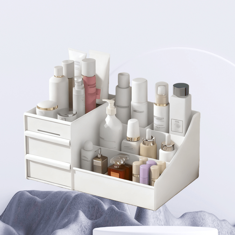 White Multi-Compartment Large-Capacity Desktop Storage Box Keeps vanity tables and desks neat and organized—lipsticks, masks, makeup brushes all stored in one box. Easy access, seamlessly fits into various settings.