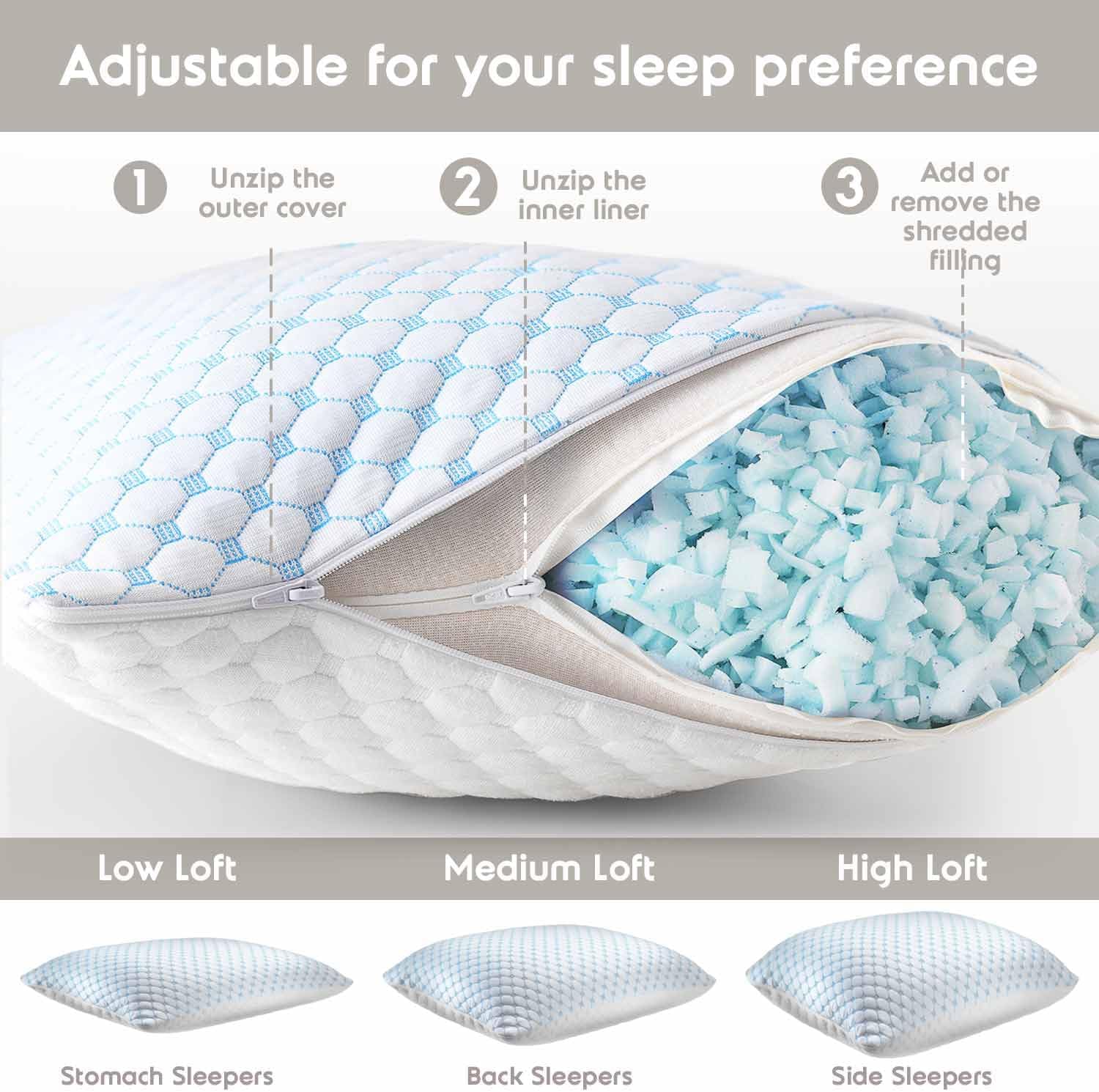 Standard Size Cooling Pillow with Shredded Memory Foam & Gel Infusion – Adjustable Loft, Breathable Dual-Sided Cover, 20" x 26" (Blue) | Other Sizes Available in Store