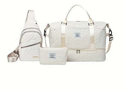 Women’s 3-Piece Travel Bag Set – Large Duffel, Crossbody Backpack & Toiletry Pouch for Gym, Maternity and Weekend Getaways (White)  | Other Colors Available in Store