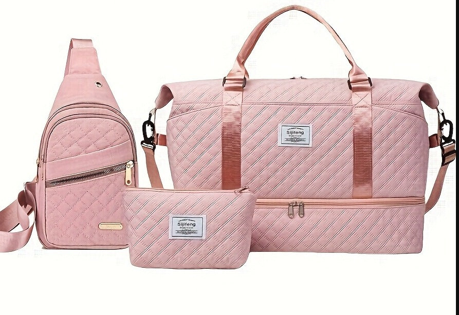 Women’s 3-Piece Travel Bag Set – Large Duffel, Crossbody Backpack & Toiletry Pouch for Gym, Maternity and Weekend Getaways (Pink)  | Other Colors Available in Store