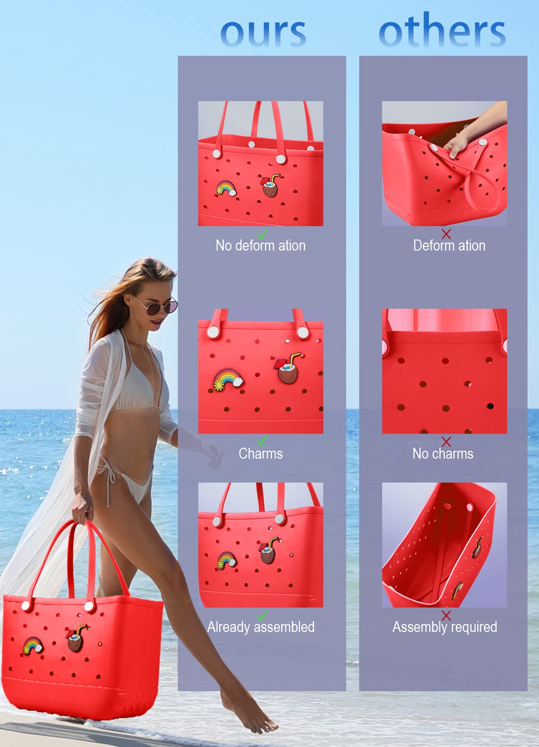 EVA Beach Tote Bag for Swimming, Pool & Travel – Waterproof Washable Rubber Handbag with 2 Random Charms, Lightweight & Sand-Resistant (Red)  | Other Colors Available in Store