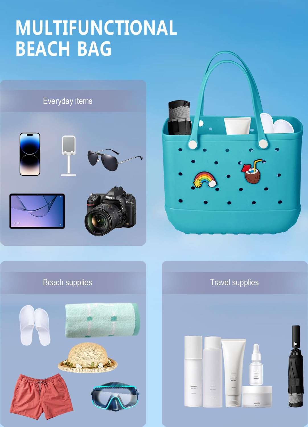 EVA Beach Tote Bag for Swimming, Pool & Travel – Waterproof Washable Rubber Handbag with 2 Random Charms, Lightweight & Sand-Resistant (Blue) | Other Colors Available in Store