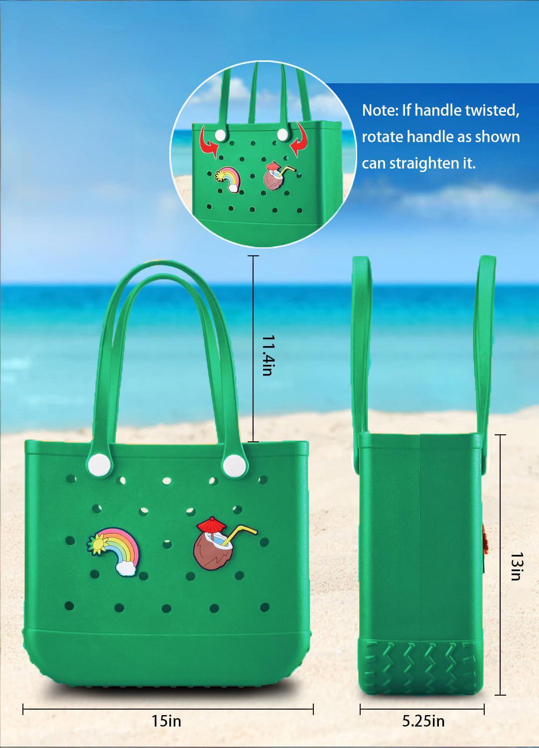 EVA Beach Tote Bag for Swimming, Pool & Travel – Waterproof Washable Rubber Handbag with 2 Random Charms, Lightweight & Sand-Resistant (Green) | Other Colors Available in Store