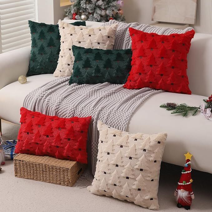 Christmas Pillow Covers 18x18 inch Set of 2 Black Christmas Decorations Soft Plush Faux Fur Wool Xmas Tree Throw Pillow Cases Winter Holiday Decor for Sofa Living Room 