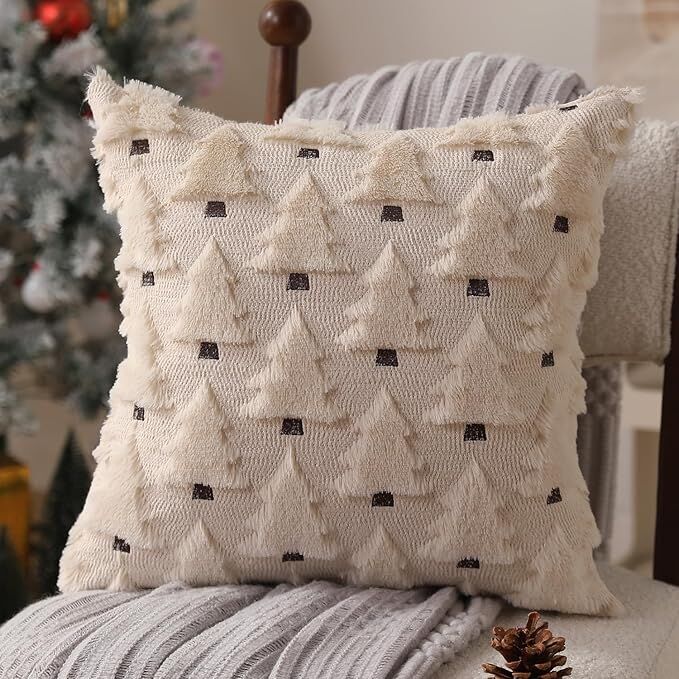 Christmas Pillow Covers 18x18 inch Set of 2 Black Christmas Decorations Soft Plush Faux Fur Wool Xmas Tree Throw Pillow Cases Winter Holiday Decor for Sofa Living Room 