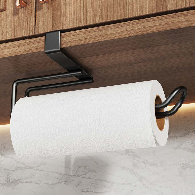 Metal No-punch Roll Paper Rack for Kitchen Cabinet Cling Film Storage Rack-Black