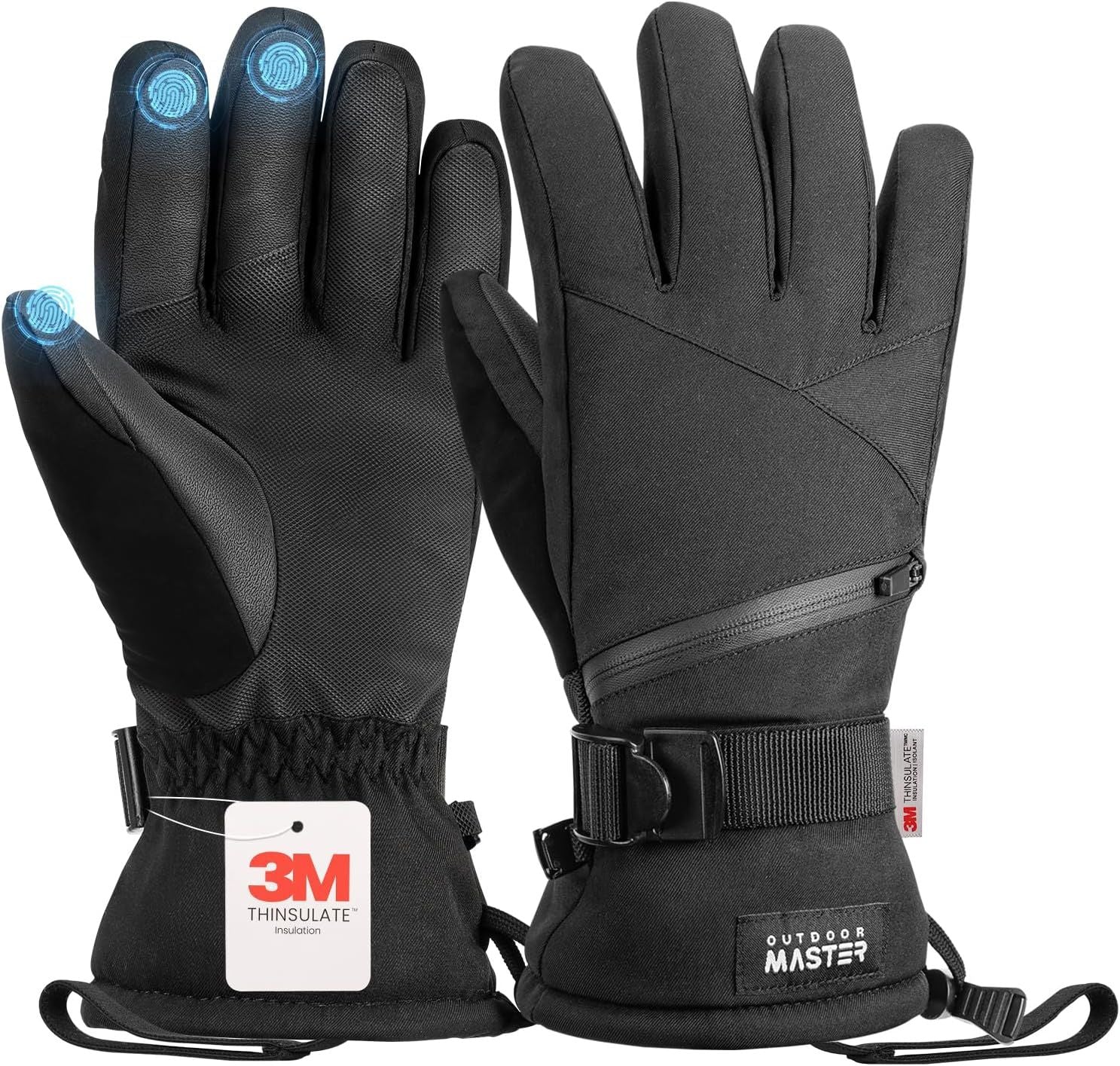 OutdoorMaster Ski Snow Gloves for Women & Men - 3M Thinsulate Waterproof Snowboard Winter Warm Windproof Snowmobile Gloves with Double-Pocket-Black,Large