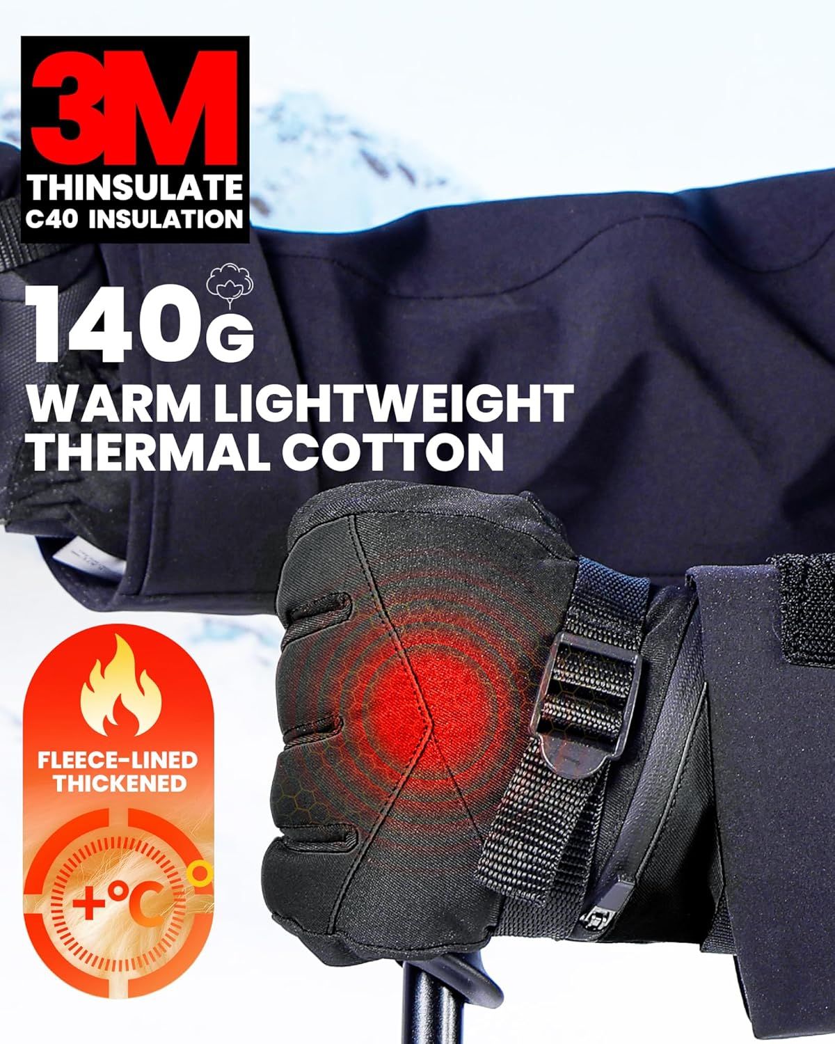 OutdoorMaster Ski Snow Gloves for Women & Men - 3M Thinsulate Waterproof Snowboard Winter Warm Windproof Snowmobile Gloves with Double-Pocket-Black,Large
