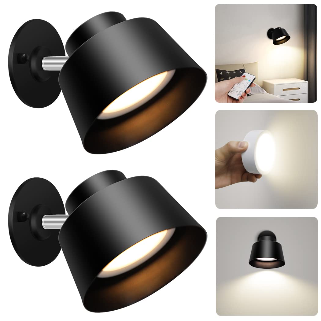 Night Wireless Wall Light Indoor LED 2 Pack,Battery Operated Wall Lights Rechargeable Lamp with Remote,Touch Lamp Dimmable Wall Sconces Bedside Lamp for Bedroom Livingroom (Black, 2Pack) [Energy Class E]
