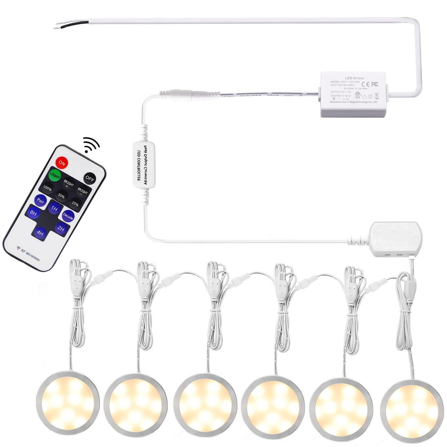 Linkable Under Cabinet LED Lighting 12V Dimmable Puck Lights Hardwired with Wireless RF Remote Control for Kitchen Mood Lighting(6 Lights, Warm White)