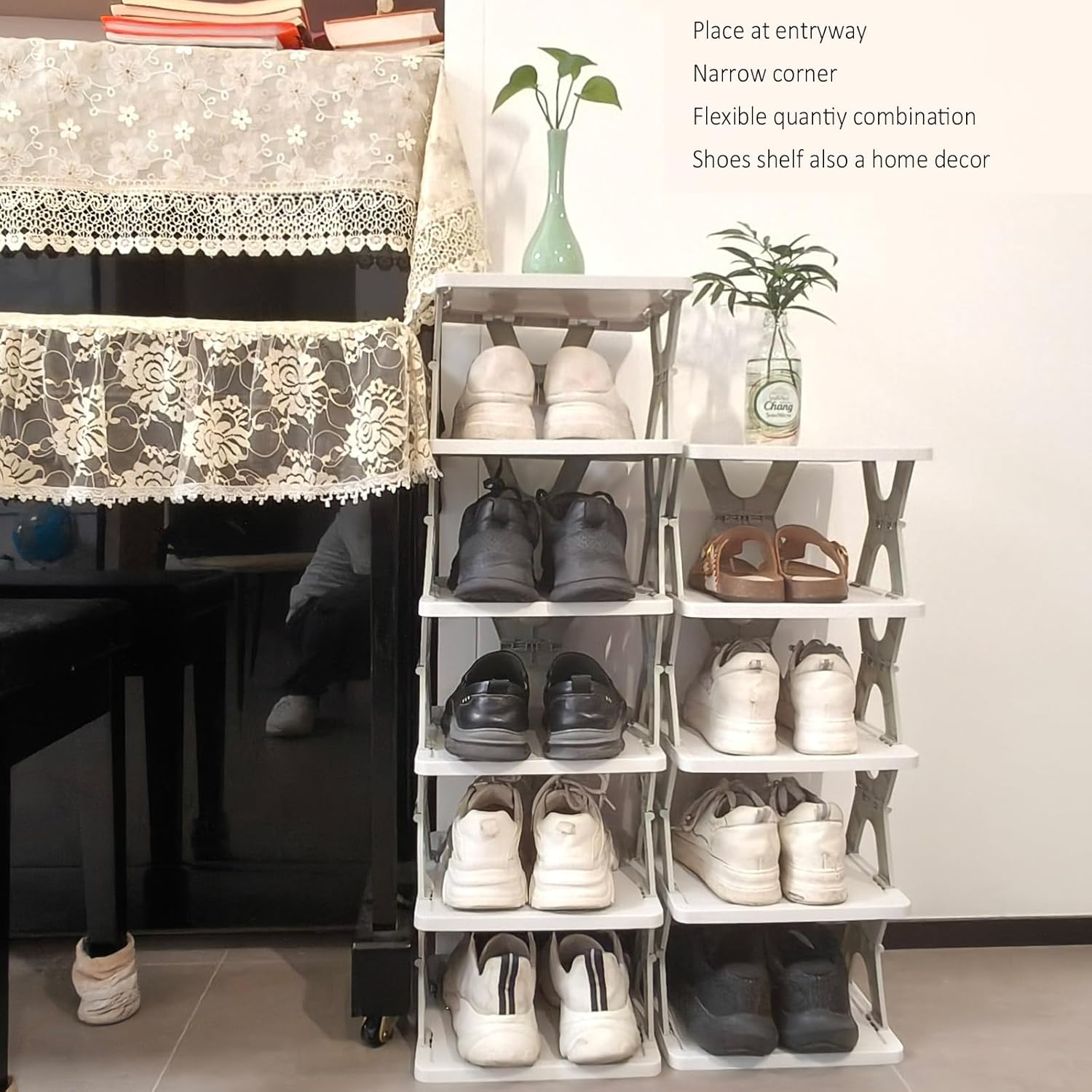 5 Tier Foldable Vertical Shoe Rack, X-Design Tall Shoes Organiser for Narrow Space, Corner Shelf for Single Dormitory Or Small Room