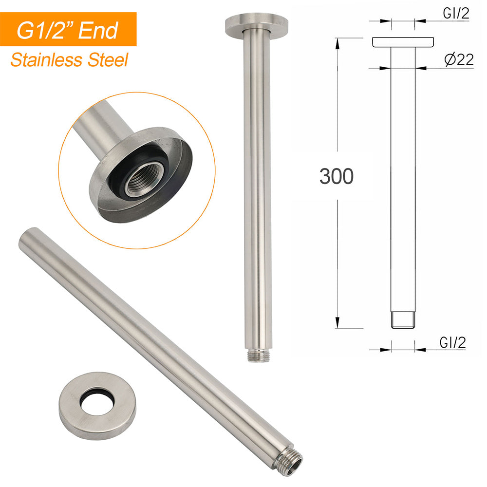 Brushed Nickel Round 8" Shower Rain Head + 300mm Brass Ceiling Dropper Arm Set