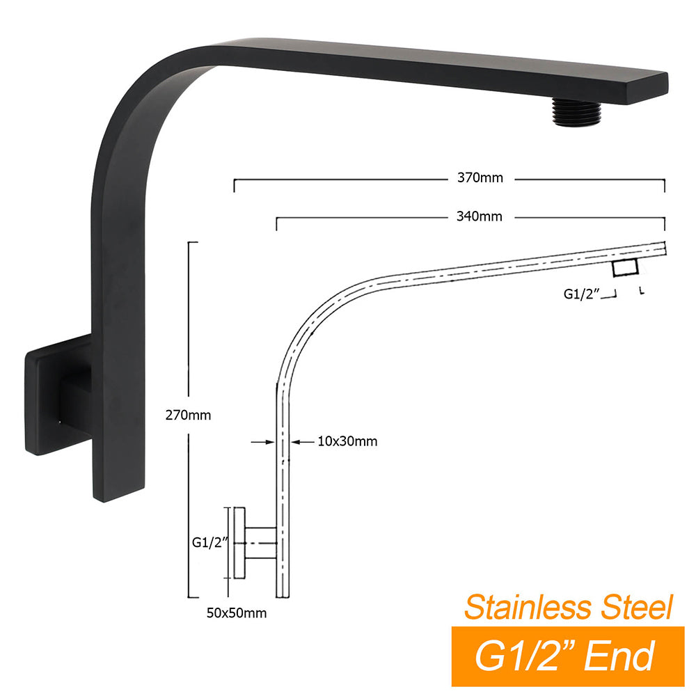 WELS Matt Black 10" Square Thin Rain Shower Head Brass Gooseneck Wall Arm Set