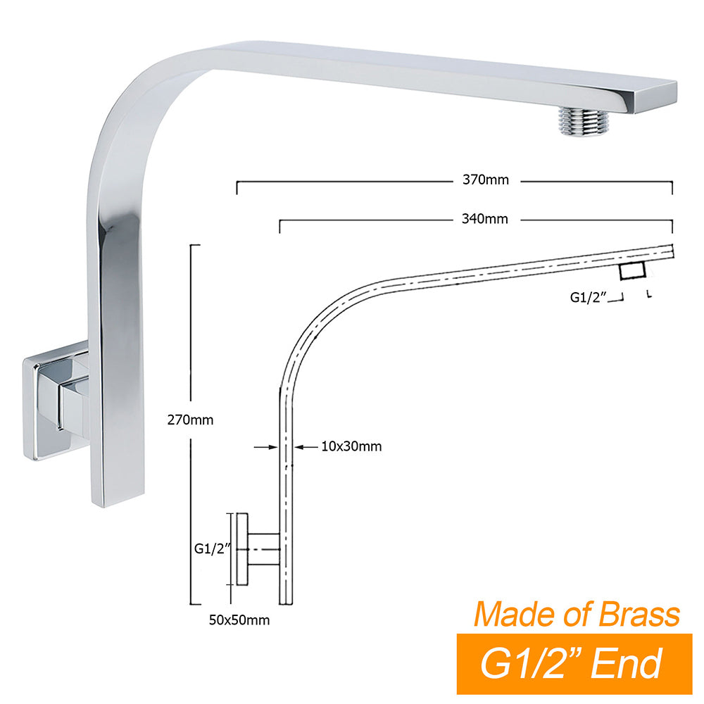 Chrome Square 12" Large Rainfall Shower Head Rose Brass Gooseneck Wall Arm Set