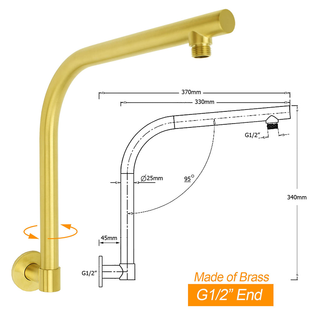 WELS Brushed Gold 8" Round Shower Head Brass 360º Swivel Gooseneck Wall Arm Set