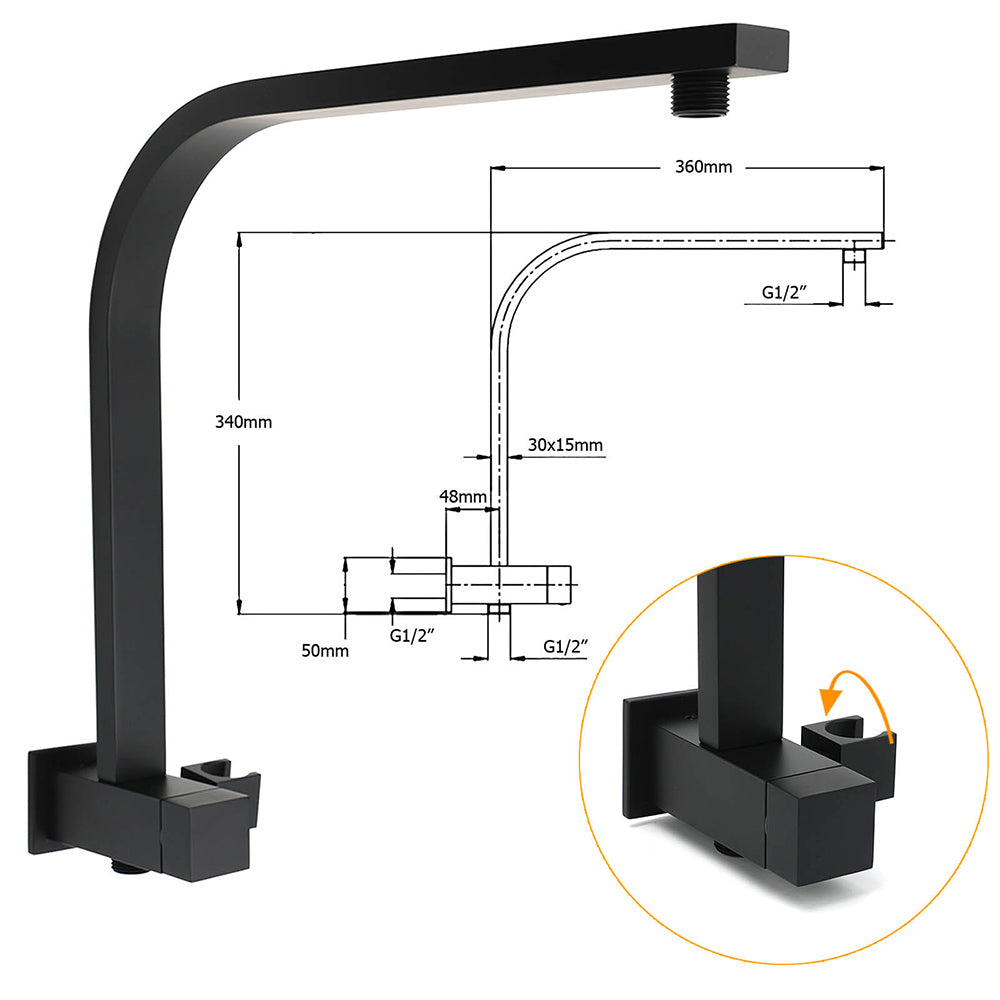 Matt Black 2in1 Set 16" Large Shower Head 3 Modes Handheld Gooseneck Arm Twin Taps Set