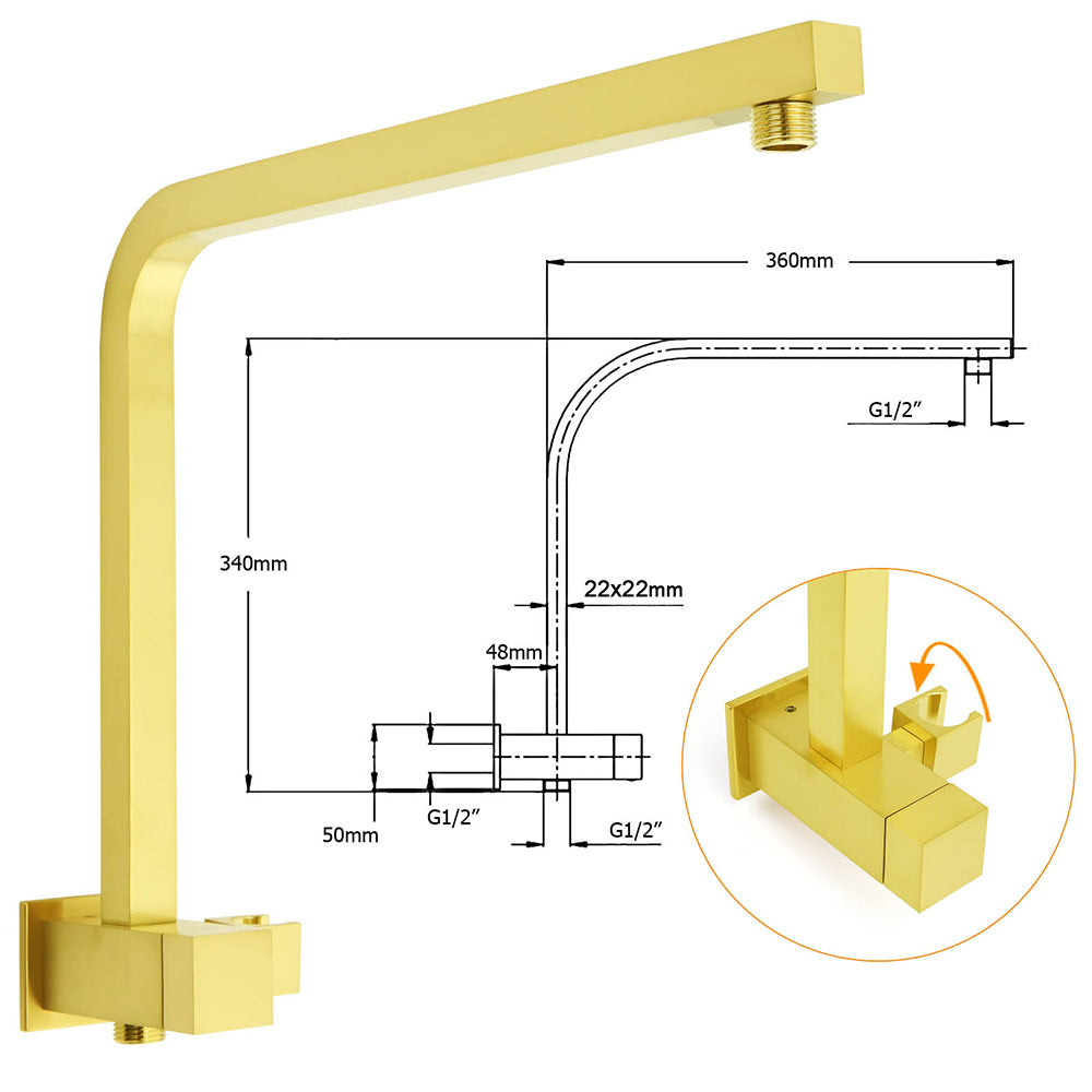 Brushed Gold Twin Shower 10" Rain Head Handheld Diverter Wall Arm Set Square Mixer