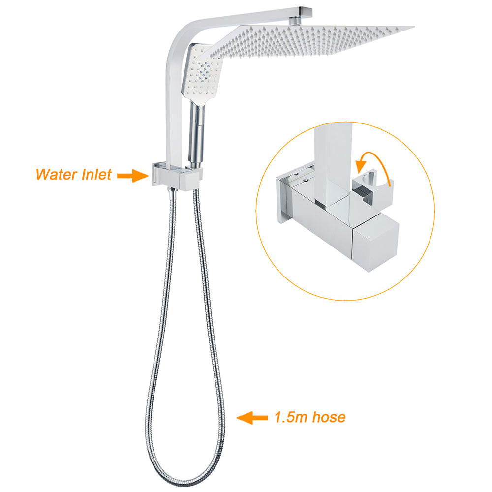 WELS Square Twin Shower Head Chrome 12 inch 3 Mode Handheld Diverter Wall Arm Set
