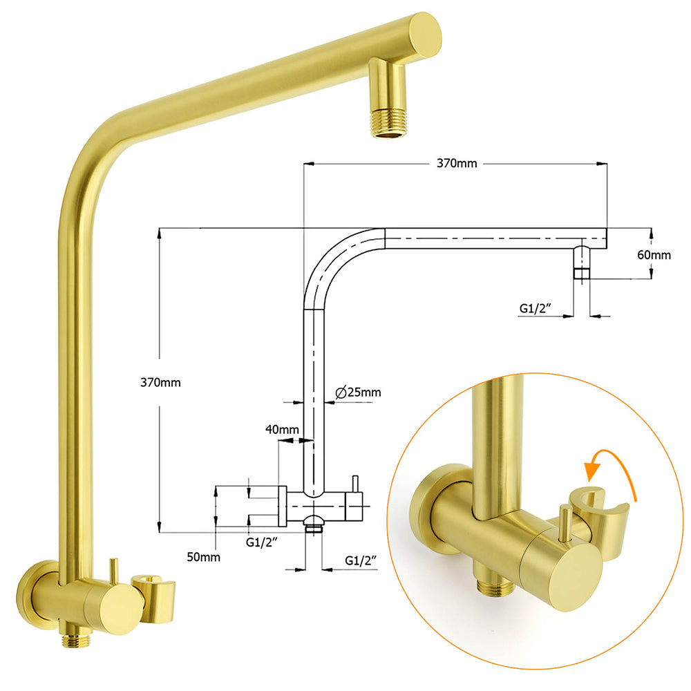 WELS Brushed Gold Round 2in1 Shower Head Set Diverter Wall Arm Metal Handheld With Mixer